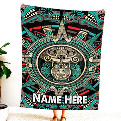 Western aztec bedding set featuring a circular sun calendar stone and feathered serpents on black background.