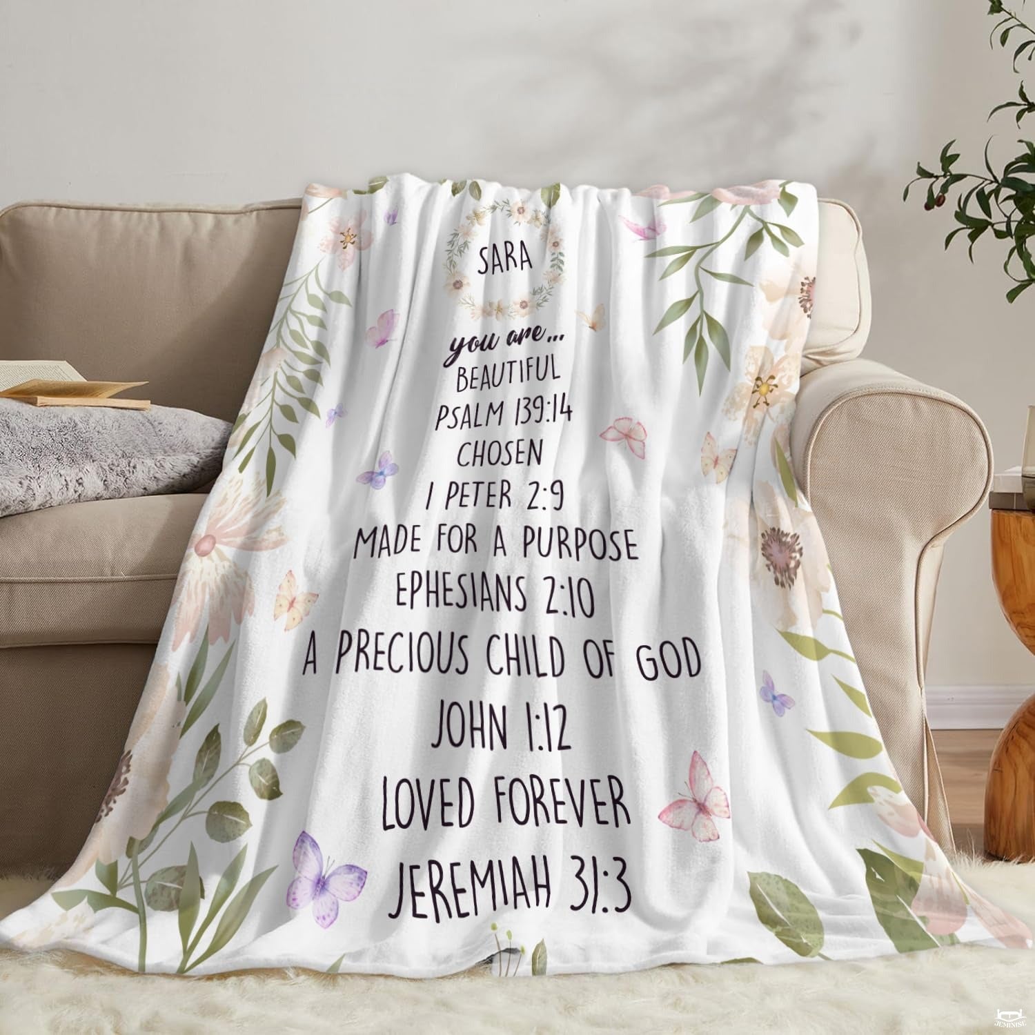 Custom Floral Butterfly Inspirational Blanket, Machine Washable