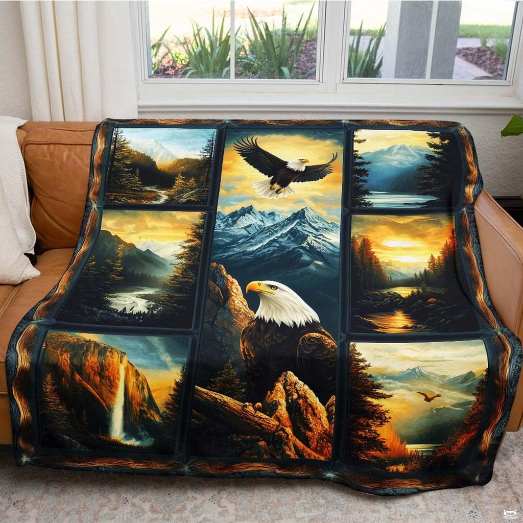 Bald eagle mountain landscape throw blanket view 5 highlighting alpine peaks, waterfalls, and pine trees