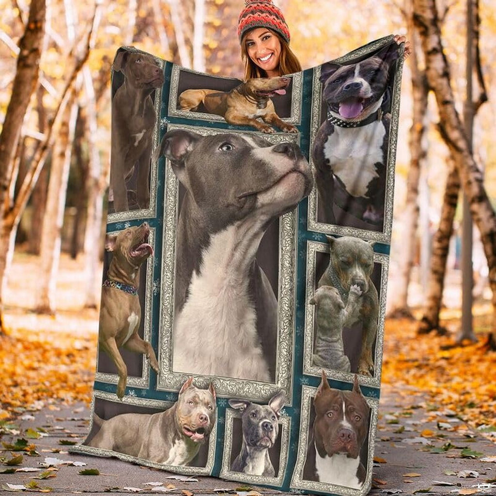 Folded corner and rolled layout of the Pit Bull Terrier blanket showing the white reverse side.
