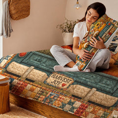 Full room display of Highland cow harvest bedding set styled in a rustic country farmhouse bedroom