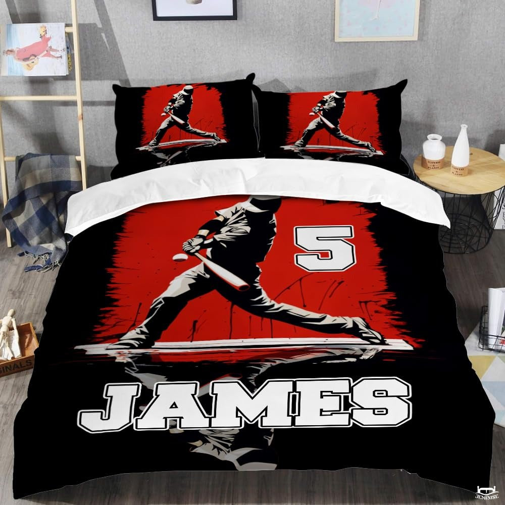 Personalized Baseball Bedding Full Size Flag Custom Name Duvet Cover Set Sport Decor Sports Comforter Bed Set (Red Baseball Player)