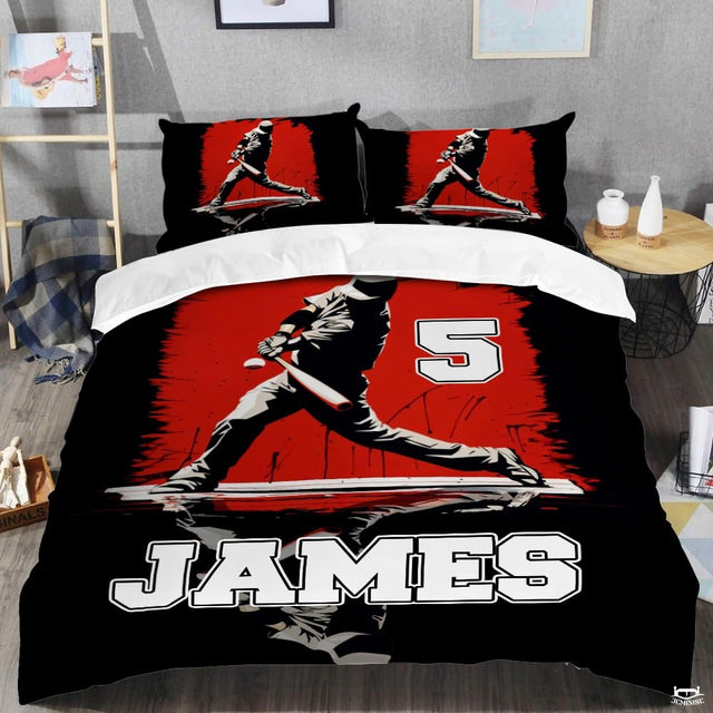 Personalized Baseball Bedding Full Size Flag Custom Name Duvet Cover Set Sport Decor Sports Comforter Bed Set (Red Baseball Player)