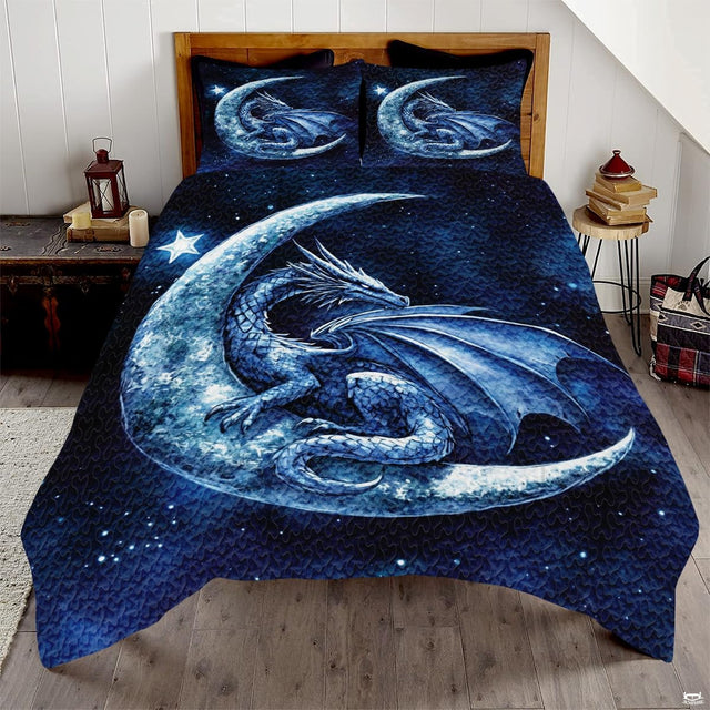 Moonlit dragon celestial night fantasy bedding set displayed on a bed in a starry bedroom