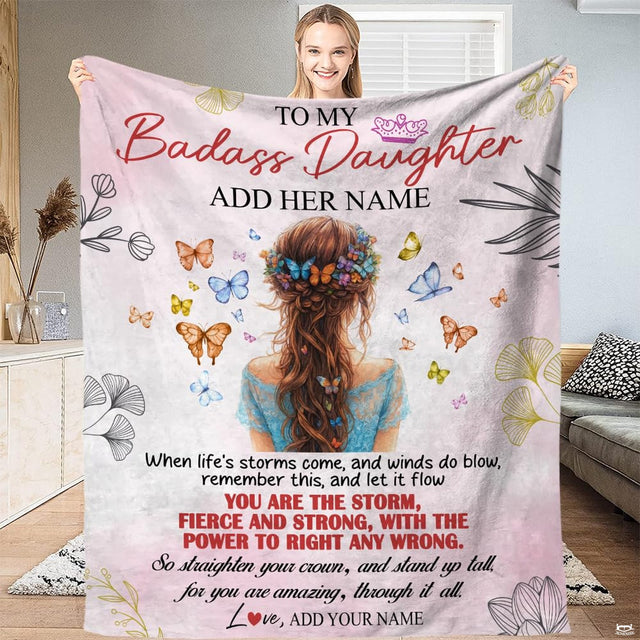Inspirational daughter throw blanket featuring butterfly hair crown, blue dress portrait, and encouraging verses