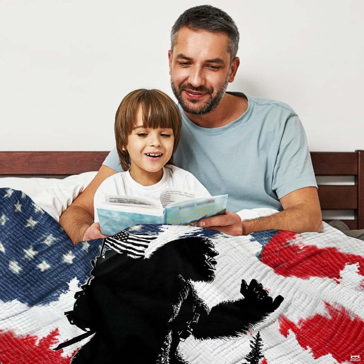 Patriotic Bigfoot throw blanket view 3 highlighting hiking Sasquatch silhouette and American flag pine trees