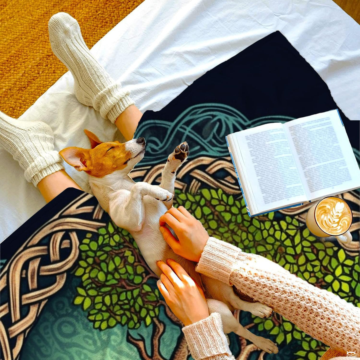 Tree of life bed frame decor styling featuring sprawling branch illustration and woven borders.