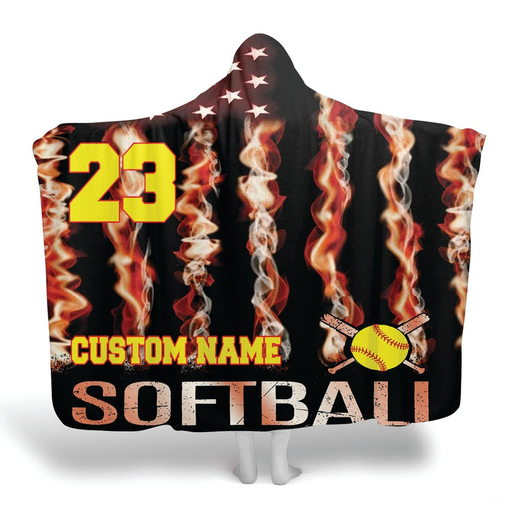 Softball bedding set artwork with stars, fiery smoke stripes, crossed bats, and bold athletic numbering.