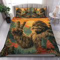 Forest pine bigfoot silhouette bedding set showing a cryptid sasquatch walking amid evergreen wilderness horizon tones.