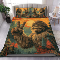Forest pine bigfoot silhouette bedding set showing a cryptid sasquatch walking amid evergreen wilderness horizon tones.