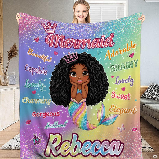 Cute African American cartoon mermaid princess with rainbow tail and positive affirmations.