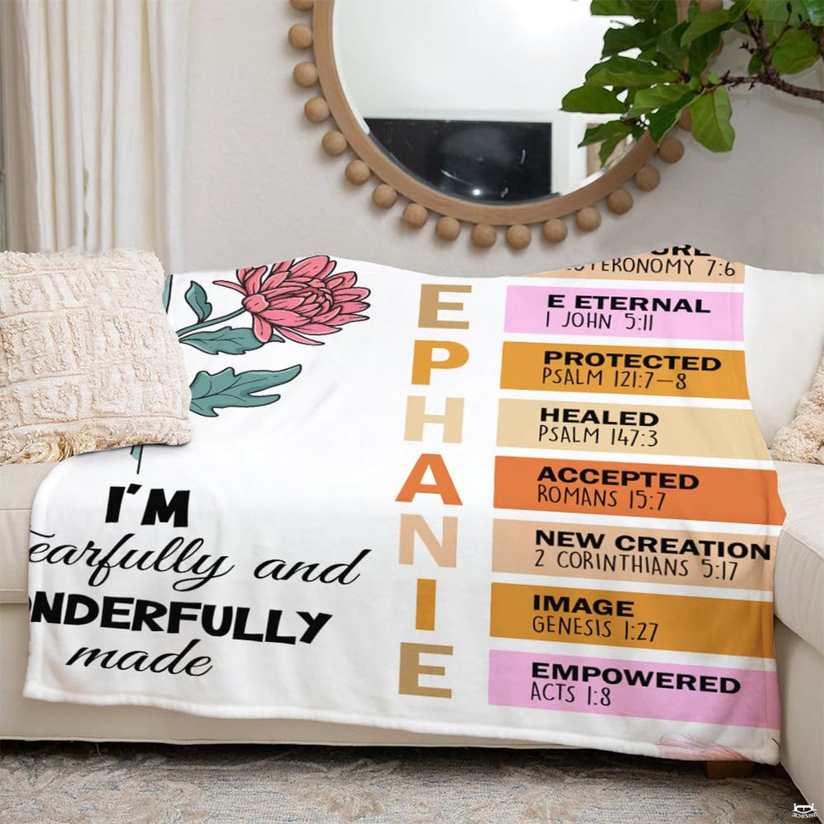 Fearfully and wonderfully made floral scripture blanket showing blooming dahlia and butterflies view 6