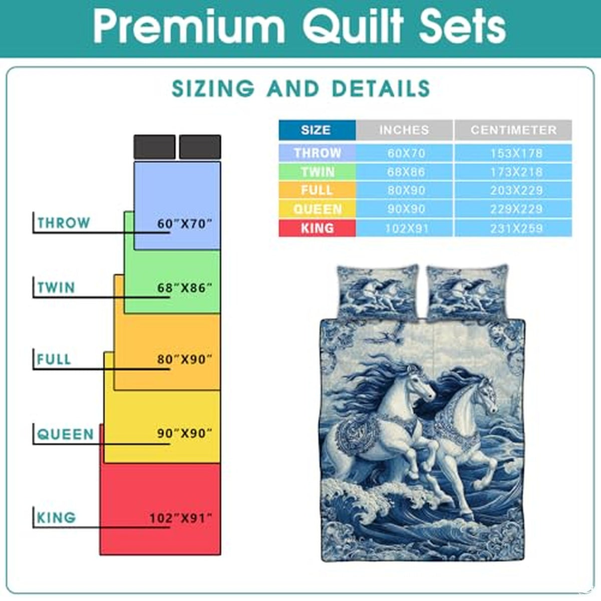 Close up view of matching blue porcelain horse pillow shams with feature icon highlights.