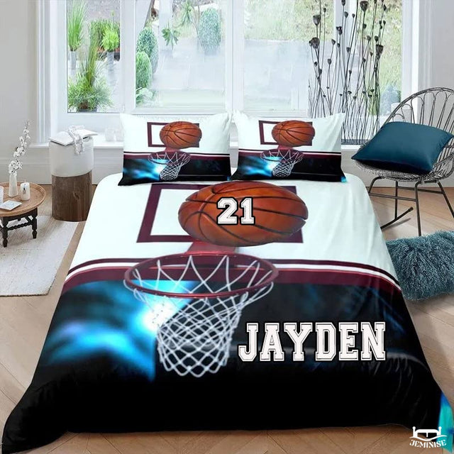 Personalized Basketball Above Hoop and Net Comforter with Name and Number