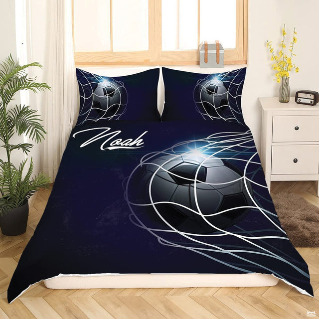 Close-up perspective of soccer bedding detailing silver energy streaks, cleats studs, and collegiate typography