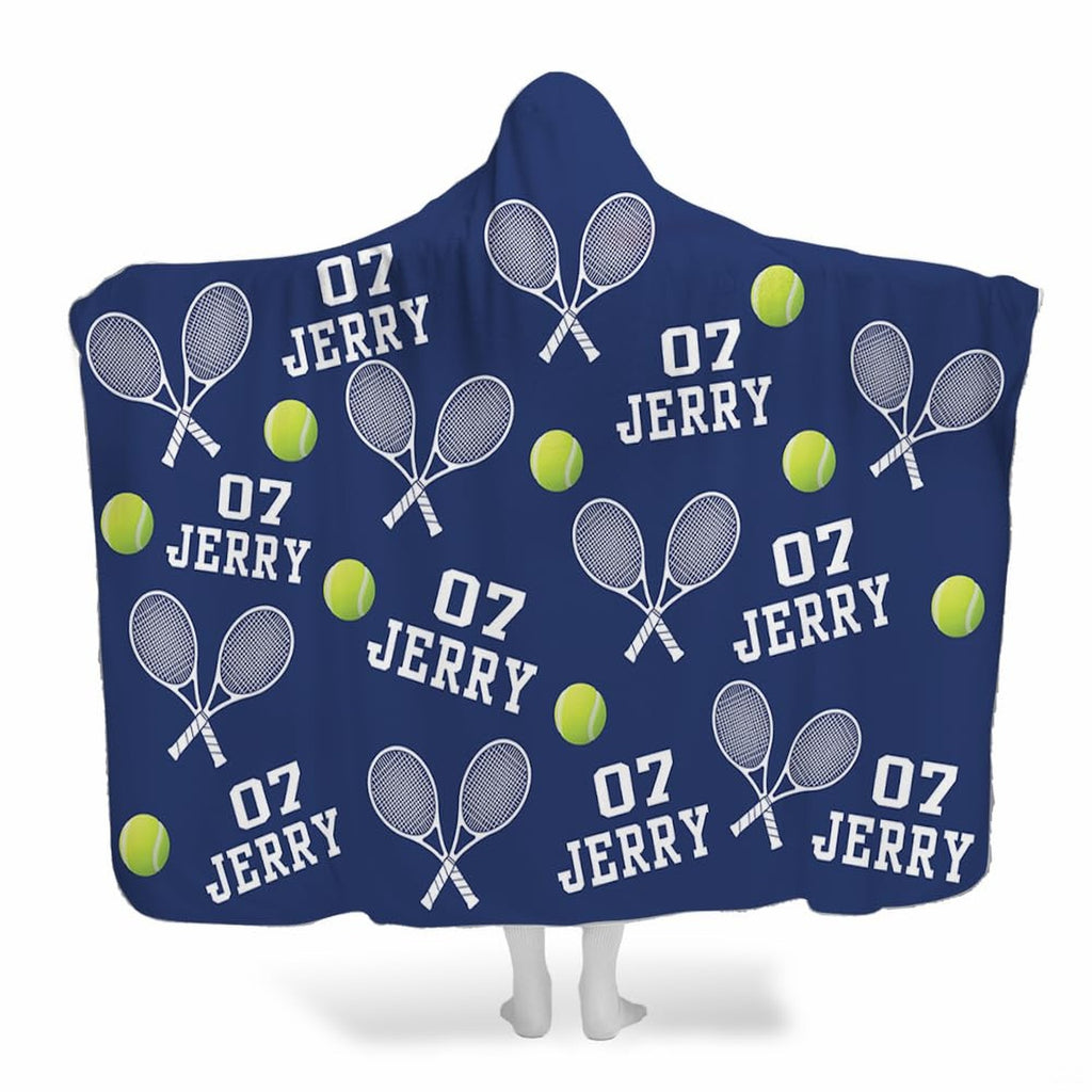 Tennis rackets and balls navy blue hooded blanket worn by model
