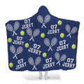 Tennis rackets and balls navy blue hooded blanket worn by model