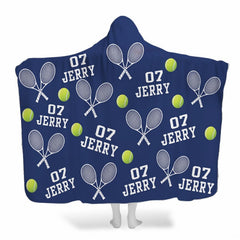 Tennis rackets and balls navy blue hooded blanket worn by model