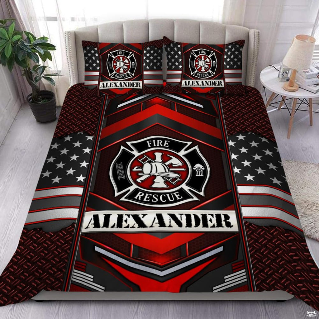 Red and black service emblem with helmet and tools, gray flag panels, chevrons, and diamond plate