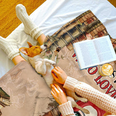 Cartoon red-haired girl with glasses reading among vintage book borders, view 5.