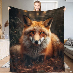 Detailed wildlife artwork featuring a resting red fox on woodland bedding set display.