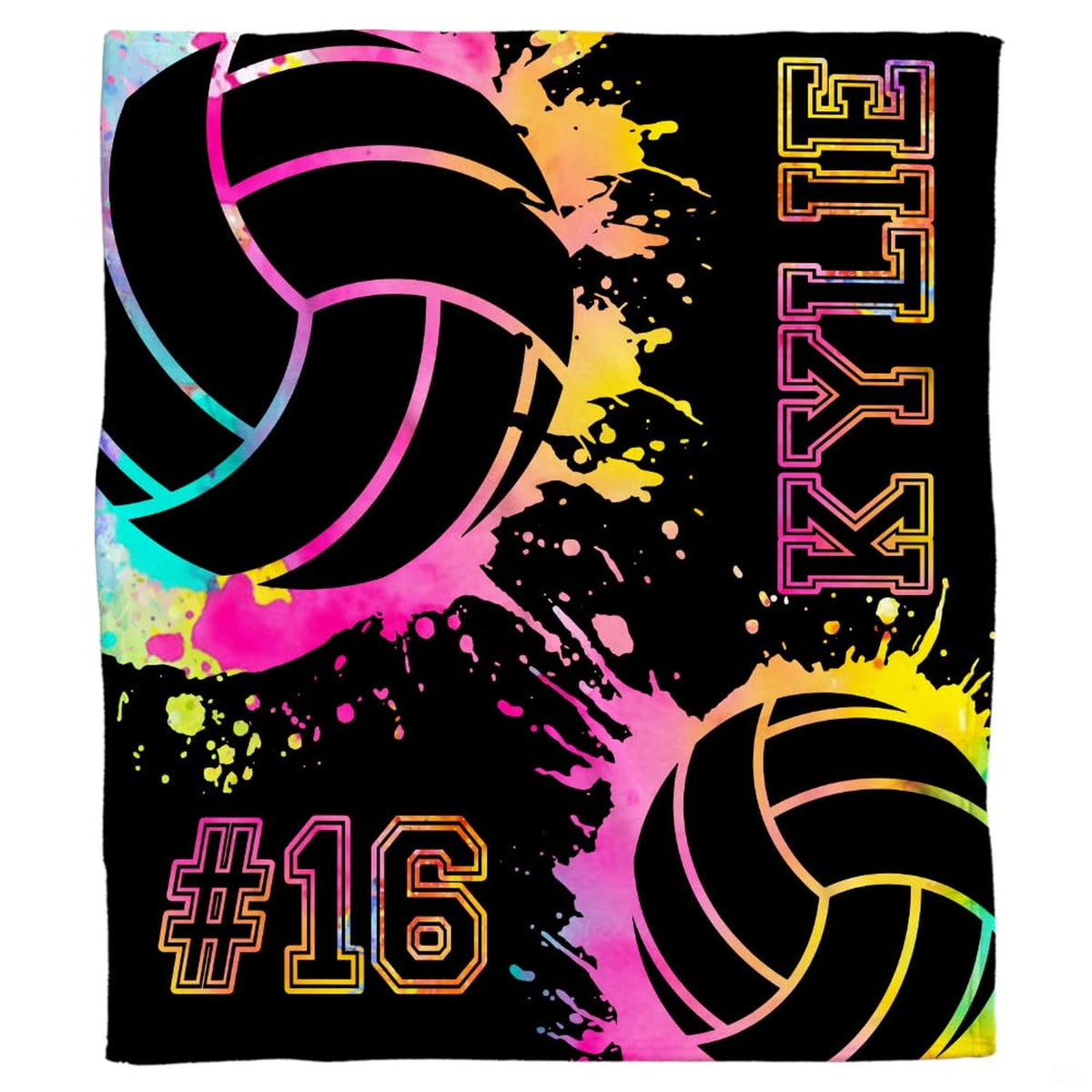Bedding visual showing rainbow tie-dye volleyball artwork with pink, yellow, and cyan splashes on dark decor.