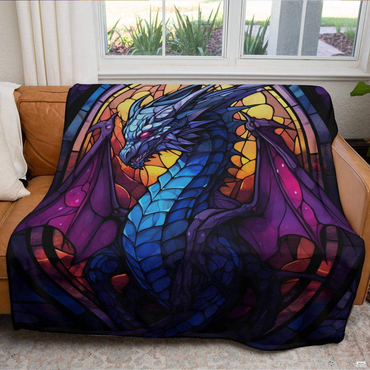 Artistic bedroom styling highlighting vibrant fantasy creature centerpiece against dark room accents.