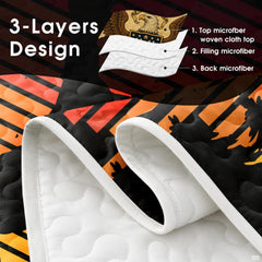 Sasquatch sunset graphic bedding styled alongside clean modern decor and thematic accent ambient lighting.