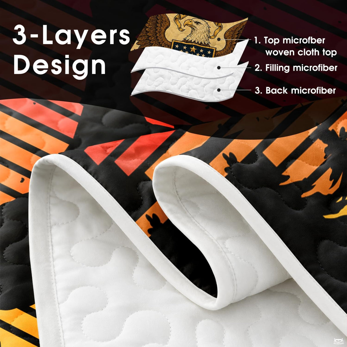 Sasquatch sunset graphic bedding styled alongside clean modern decor and thematic accent ambient lighting.