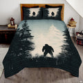 Sage pine Bigfoot Sasquatch woodland bedding set displayed on a bed in a rustic timber bedroom