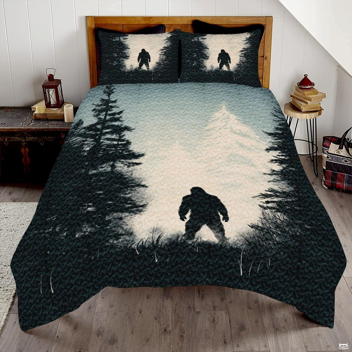 Sage pine Bigfoot Sasquatch woodland bedding set displayed on a bed in a rustic timber bedroom