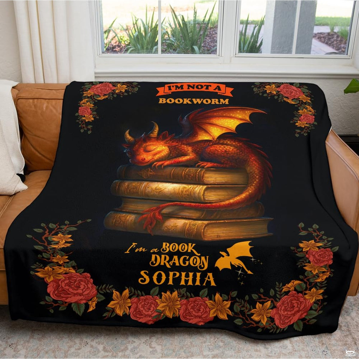 Sleeping book dragon antique books fantasy blanket showing curled baby dragon view 7