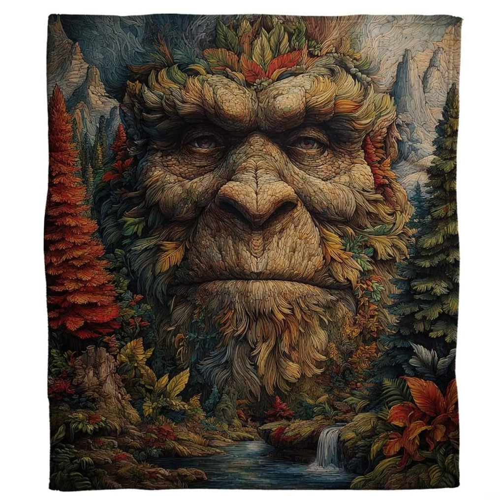 Bigfoot forest spirit throw blanket view 2 highlighting Sasquatch facial artwork and autumn woodland foliage