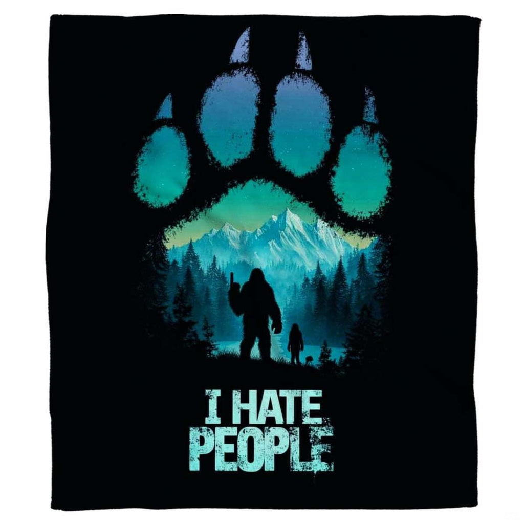 Bear paw print framing Bigfoot and alpine mountains with distressed humor typography, view 2.