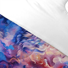 Detail of flowing wolf fur and cloud swirls in blue, pink, and peach