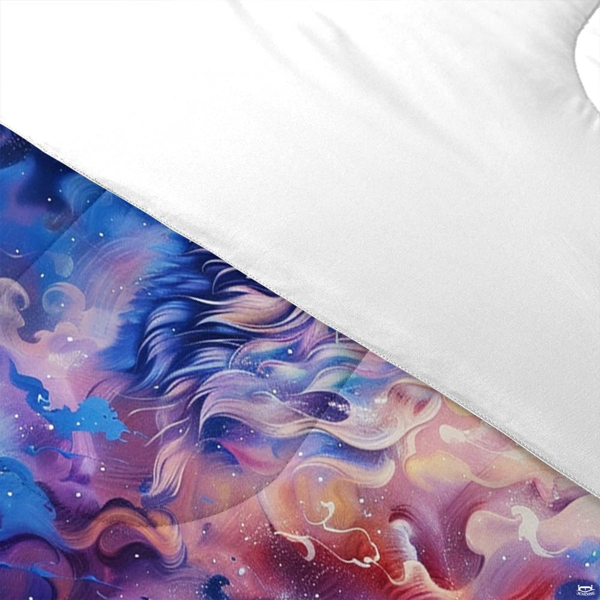 Detail of flowing wolf fur and cloud swirls in blue, pink, and peach