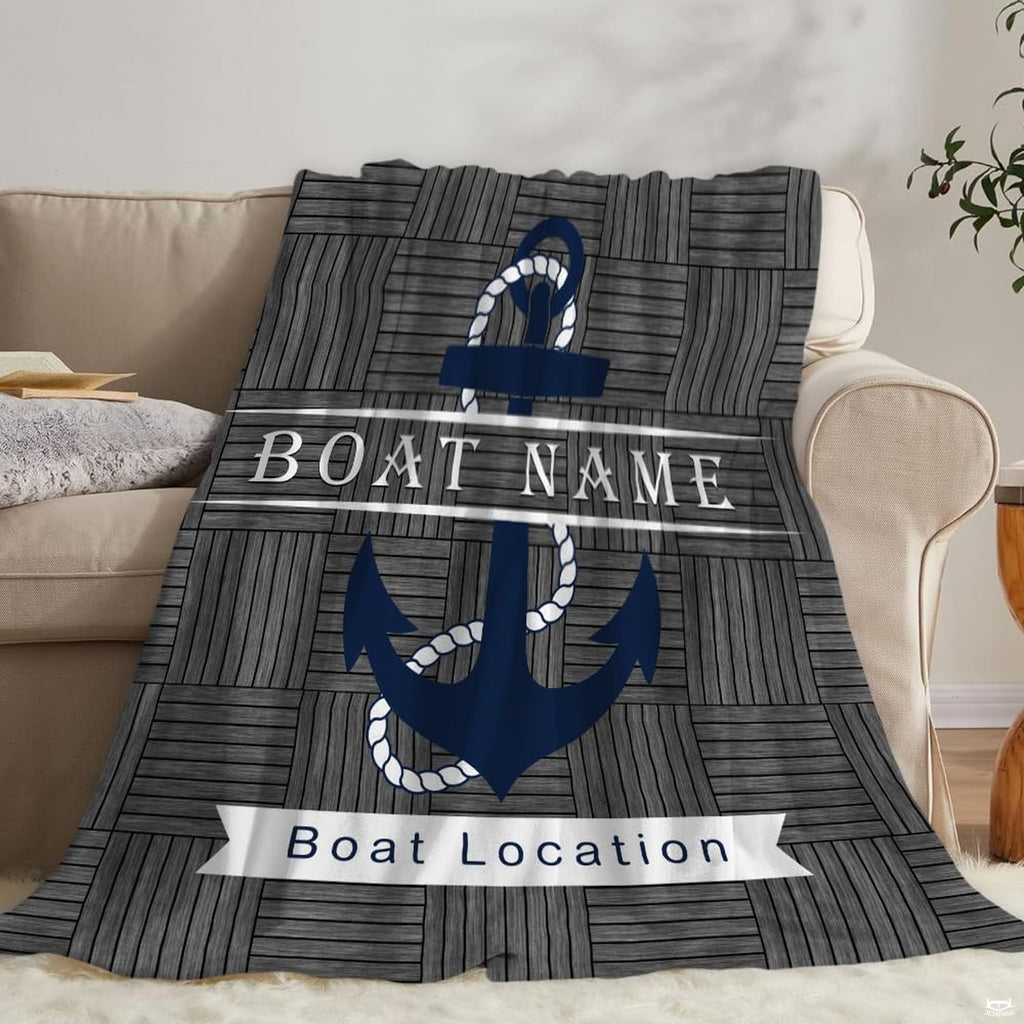 Nautical anchor rustic wood throw blanket view 2 highlighting navy anchor, rope trim, and wood textures