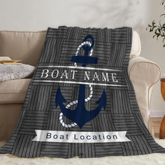 Nautical anchor rustic wood throw blanket view 2 highlighting navy anchor, rope trim, and wood textures