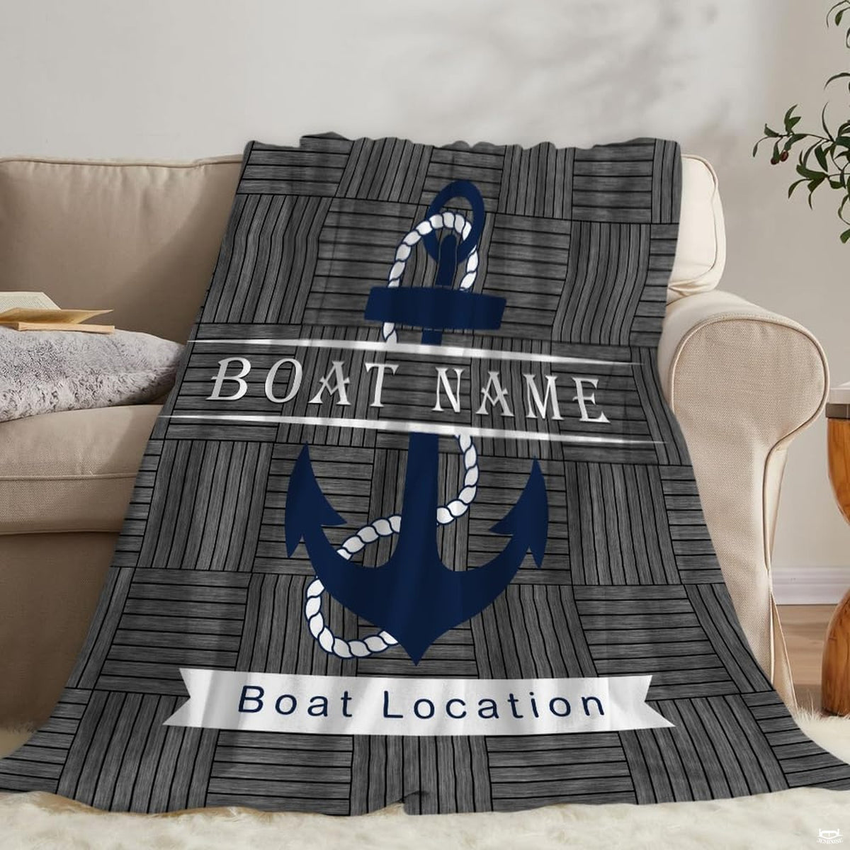 Nautical anchor rustic wood throw blanket view 2 highlighting navy anchor, rope trim, and wood textures