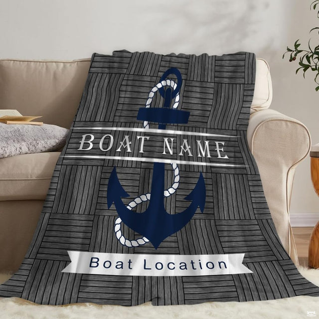 Nautical anchor rustic wood throw blanket view 2 highlighting navy anchor, rope trim, and wood textures