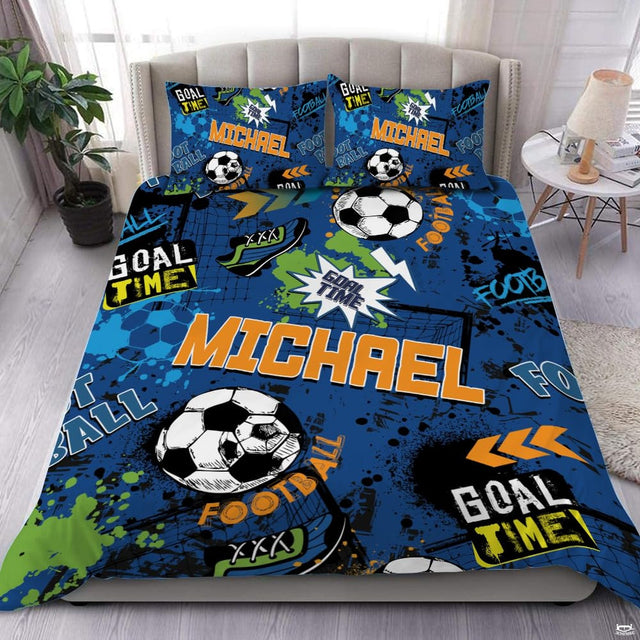 Sapphire royal blue soccer sports bedding featuring a soccer ball graphic and athletic field lines on a bed