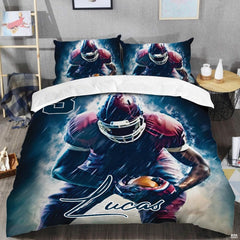 Close-up perspective of football bedding detailing helmet cage, maroon jersey highlights, and script typography