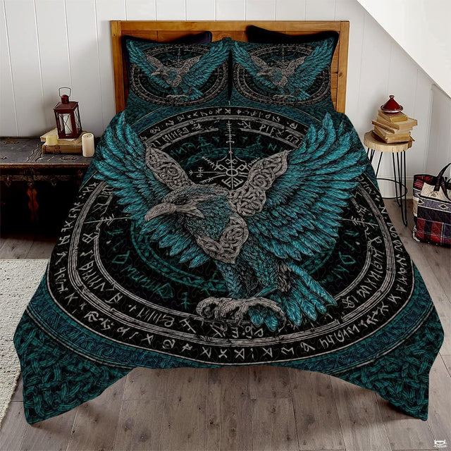 Overhead bedroom view of teal Viking raven bedding with silver knotwork and runic compass on bed.