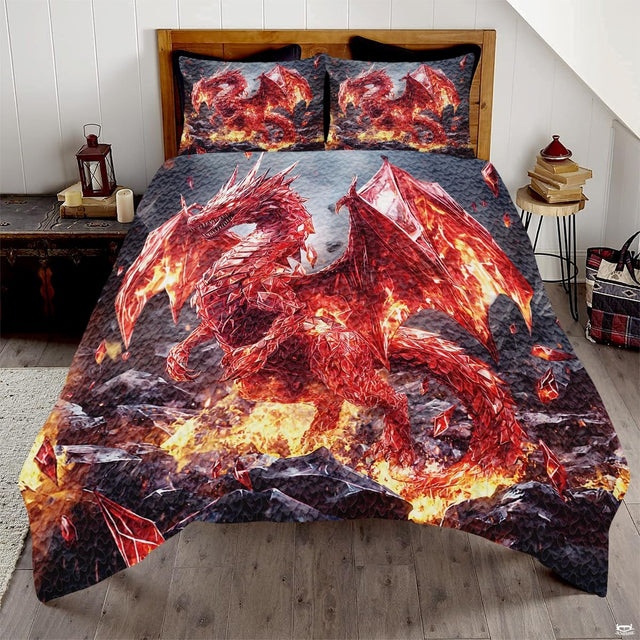 Red crystal dragon with fiery wings above dark rocks and flames