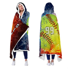 Elemental softball sports graphic blanket worn as hooded wrap
