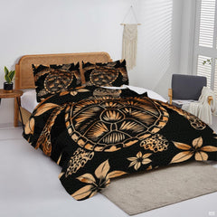 Side angle of sea turtle bedspread artwork displaying amber tones against an intense black backdrop.