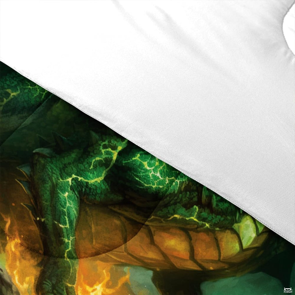 High-angle view of mythical dragon galaxy bedding showing rich mint, sage, and obsidian tones across bed.