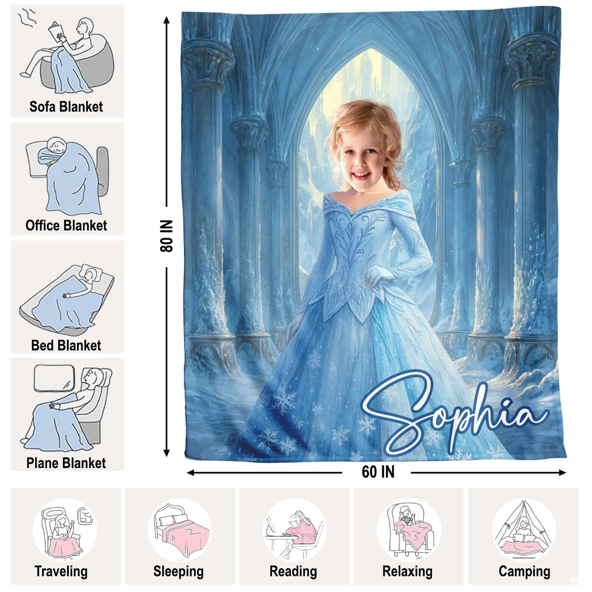 Ice princess fairytale blanket displayed across stylish couch sofa