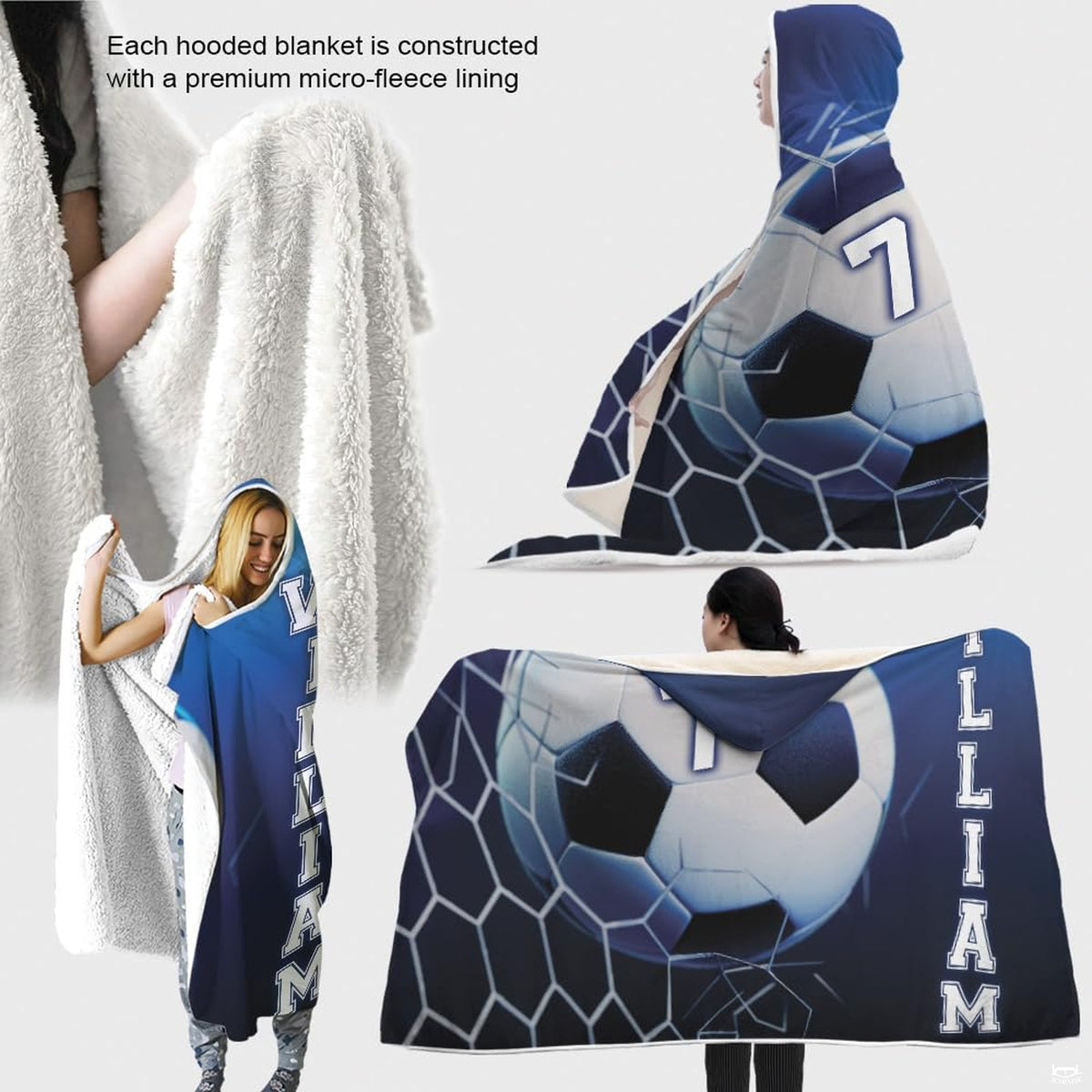 Multi-angle mockup collage displaying soccer goal artwork with white interior lining and hood.