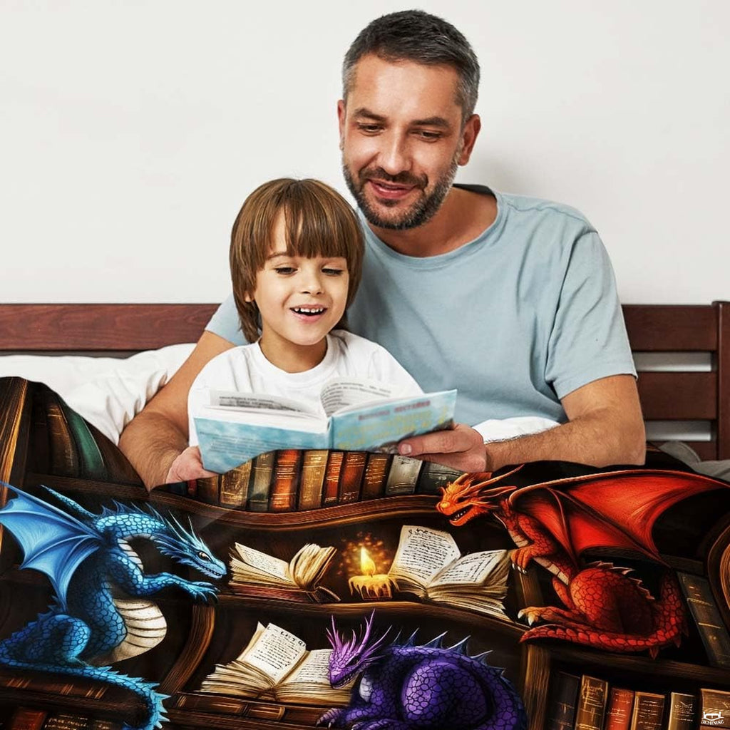 Close-up detail of green and purple dragons reading an illuminated magical book by candlelight.
